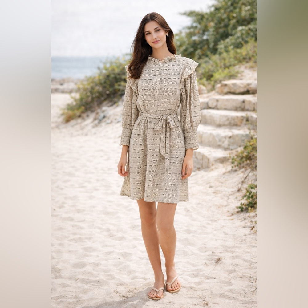 Anthropologie Sole Ruffle Tunic Dress Size M‎ Black Brown Casual Boho Neutral